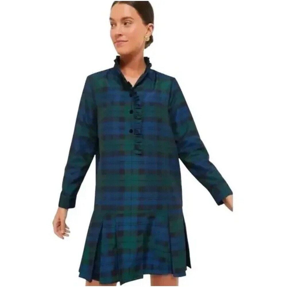 NEW Tuckernuck Blackwatch Tate Dress Green Blue Plaid Mini‎ Ruffle Neck 2XL
